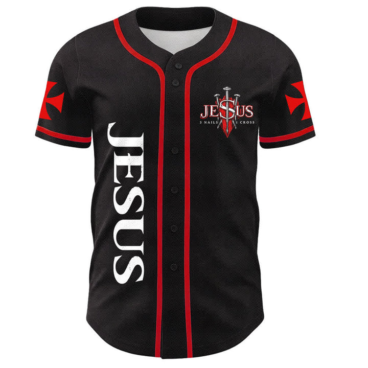 Christianartworkshop Maillot de baseball boutonné avec emblème vertical Jésus clou croix et éclair au dos, portrait du Lion de Juda et du Lion de Juda. - image 1