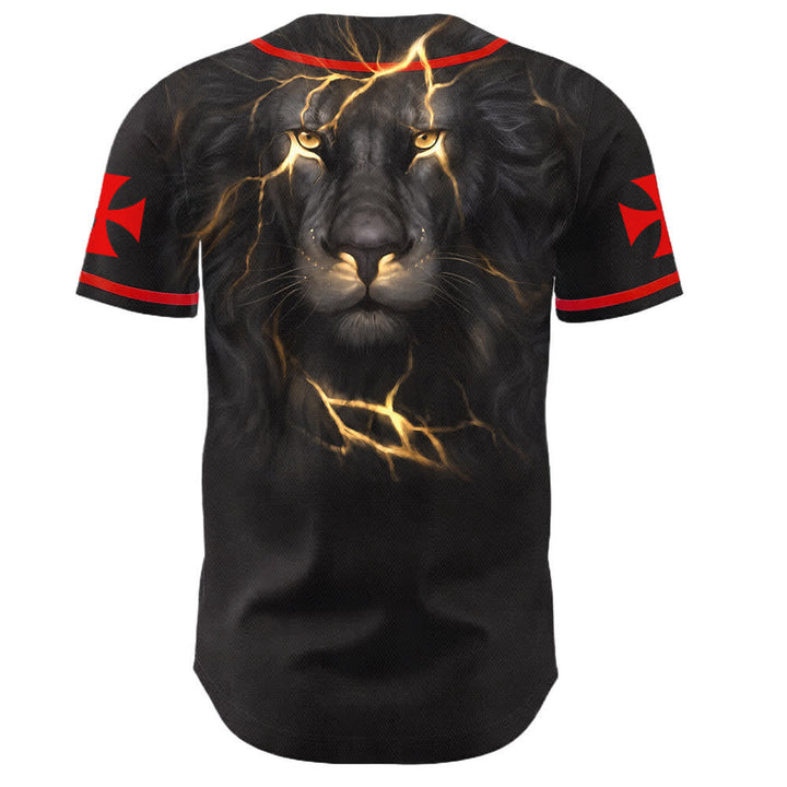 Christianartworkshop Maillot de baseball boutonné avec emblème vertical Jésus clou croix et éclair au dos, portrait du Lion de Juda et du Lion de Juda. - image 2