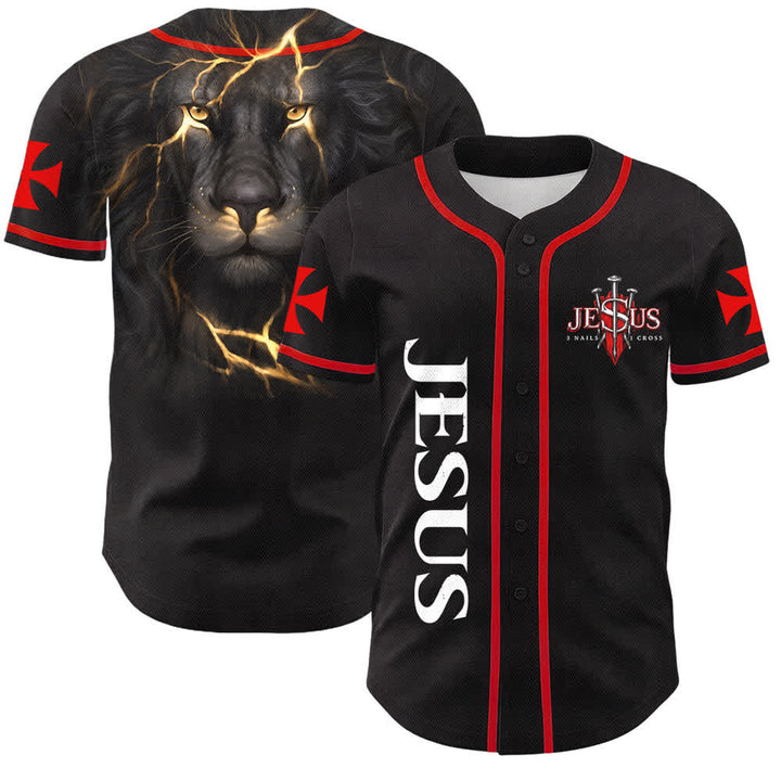 Christianartworkshop Maillot de baseball boutonné avec emblème vertical Jésus clou croix et éclair au dos, portrait du Lion de Juda et du Lion de Juda. - Noir - 5XL - image 0