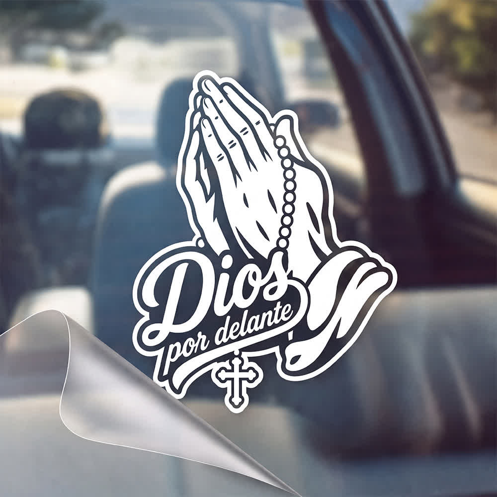 Christianartworkshop Autocollant de voiture Mains en prière avec chapelet Dios Por Delante - Blanc - Lot de 20 - image 0
