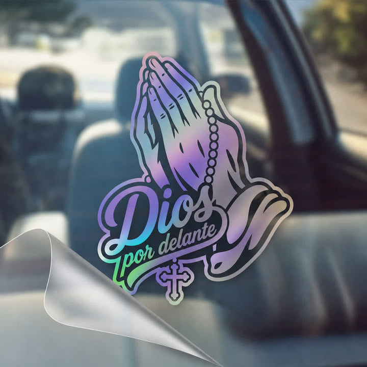 Christianartworkshop Autocollant de voiture Mains en prière avec chapelet Dios Por Delante - Argent - Lot de 20 - image 3