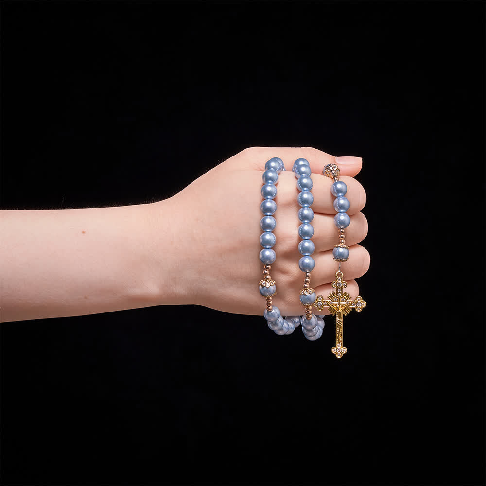 Christianartworkshop Chapelet Notre-Dame en perles bleu ciel avec crucifix doré orné de pierres précieuses : emblème de la sérénité céleste - image 1
