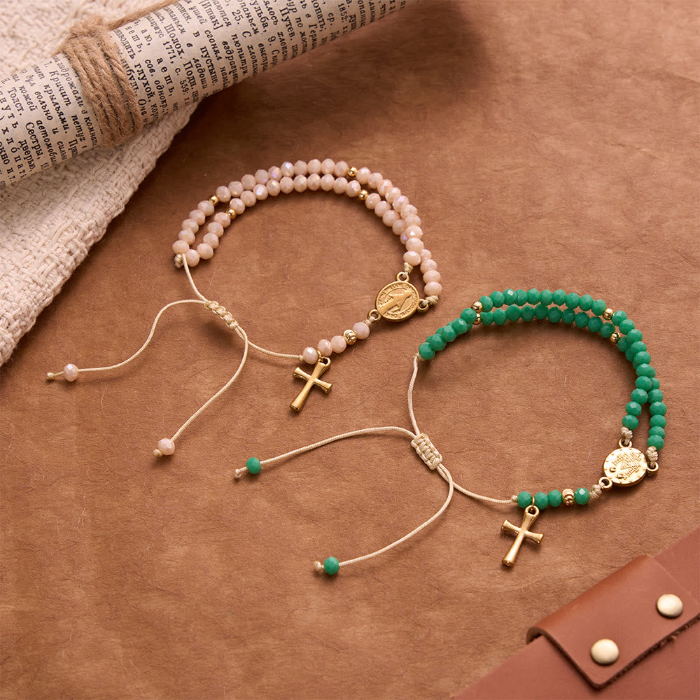Christianartworkshop Bracelet chapelet noué en perles de cristal à facettes avec breloque croix : emblème de douces bénédictions célestes - Rose et vert - image 13