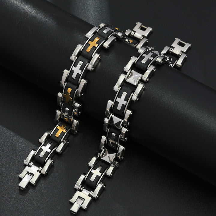 Christianartworkshop Bracelet de poignet robuste style motard avec croix incrustée : emblème d'une sérénité intérieure inébranlable - image 1