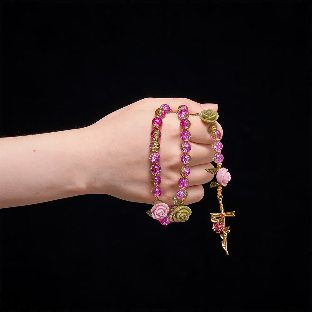 Christianartworkshop Chapelet en perles de verre craquelé rose et vert à facettes, motif rose et croix de la Vierge Marie - image 1