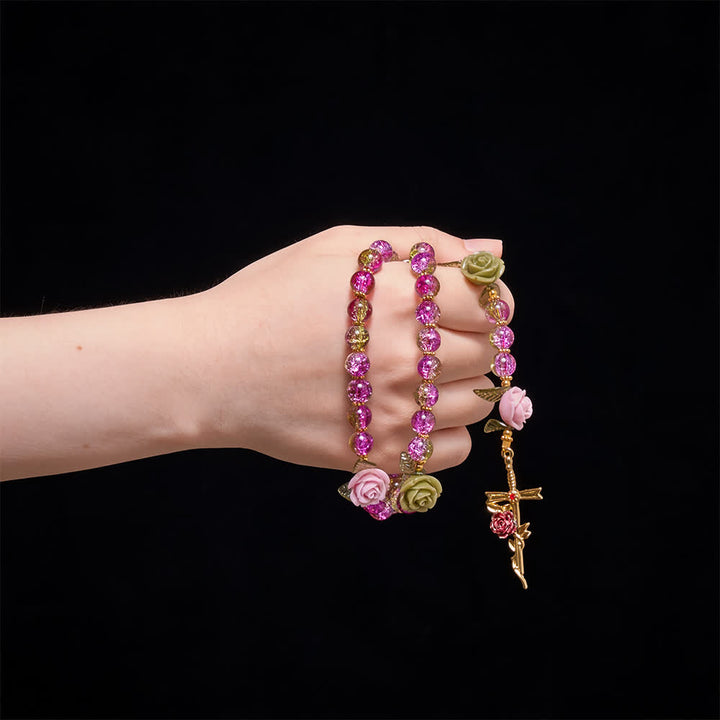 Christianartworkshop Chapelet en perles de verre craquelé rose et vert à facettes, motif rose et croix de la Vierge Marie - image 1