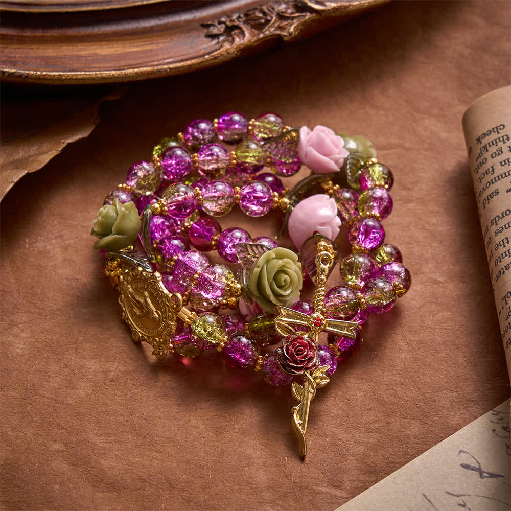 Christianartworkshop Chapelet en perles de verre craquelé rose et vert à facettes, motif rose et croix de la Vierge Marie - image 2