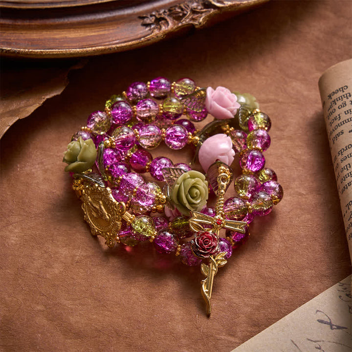 Christianartworkshop Chapelet en perles de verre craquelé rose et vert à facettes, motif rose et croix de la Vierge Marie - image 2