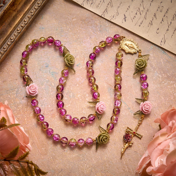 Christianartworkshop Chapelet en perles de verre craquelé rose et vert à facettes, motif rose et croix de la Vierge Marie - image 4