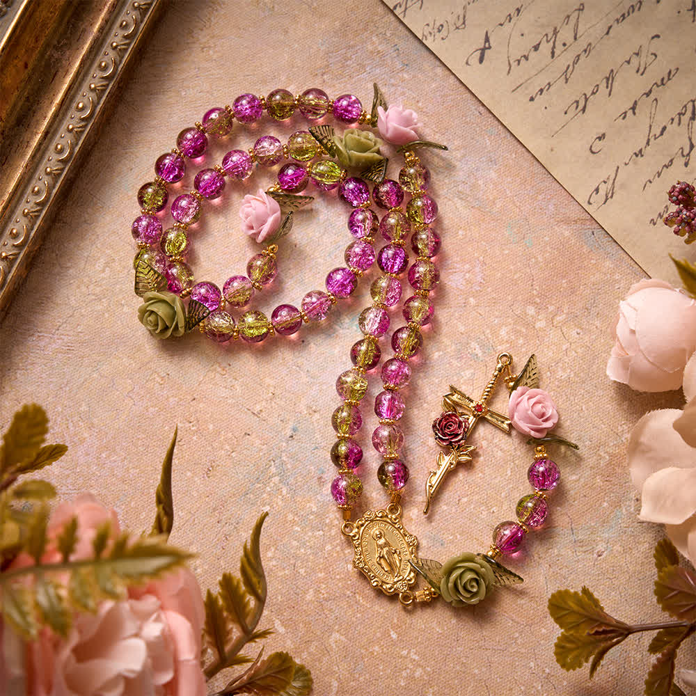 Christianartworkshop Chapelet en perles de verre craquelé rose et vert à facettes, motif rose et croix de la Vierge Marie - Chapelet à perles roses et vertes - image 0