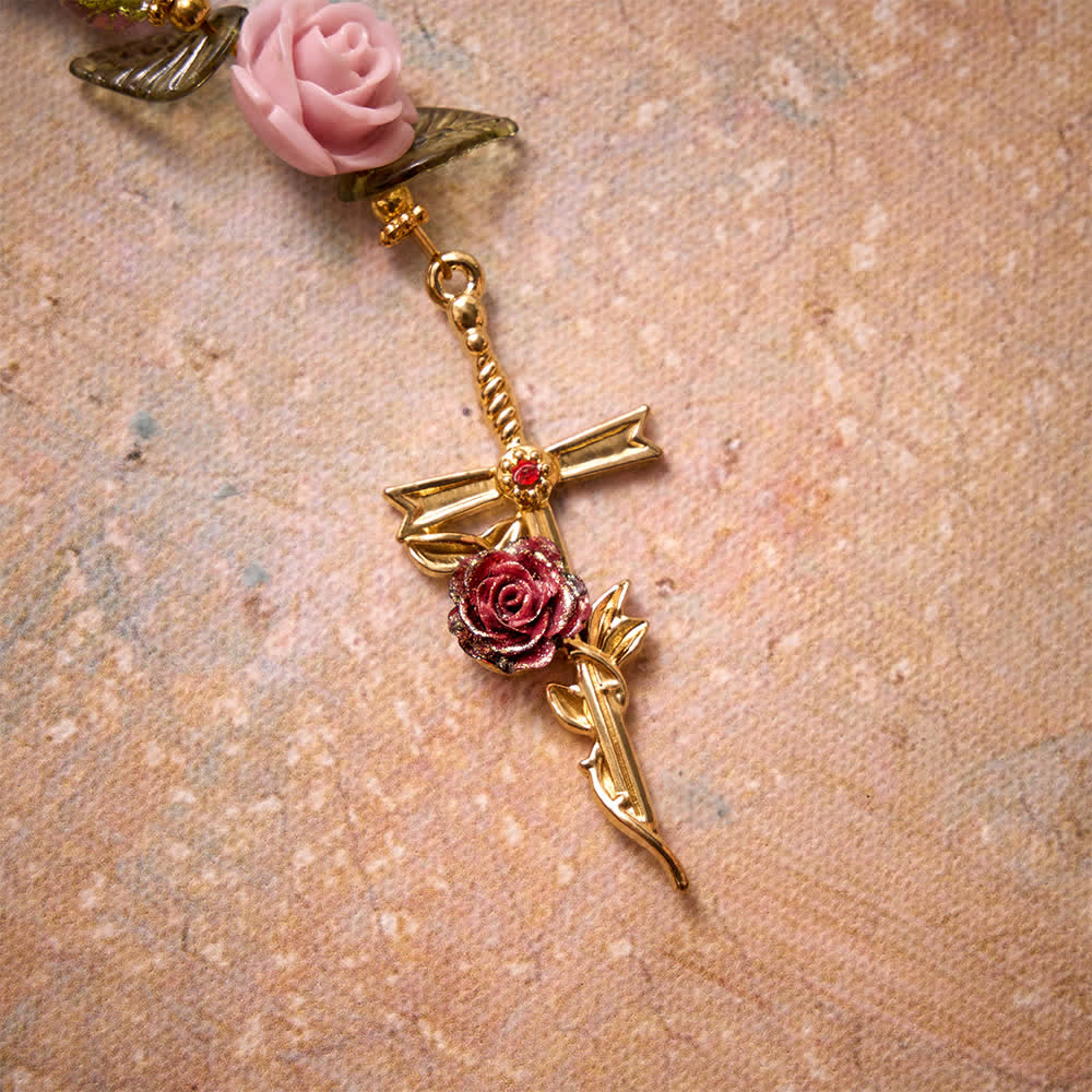 Christianartworkshop Chapelet en perles de verre craquelé rose et vert à facettes, motif rose et croix de la Vierge Marie - image 5