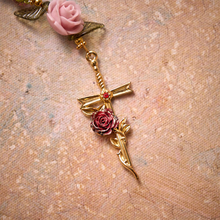 Christianartworkshop Chapelet en perles de verre craquelé rose et vert à facettes, motif rose et croix de la Vierge Marie - image 5