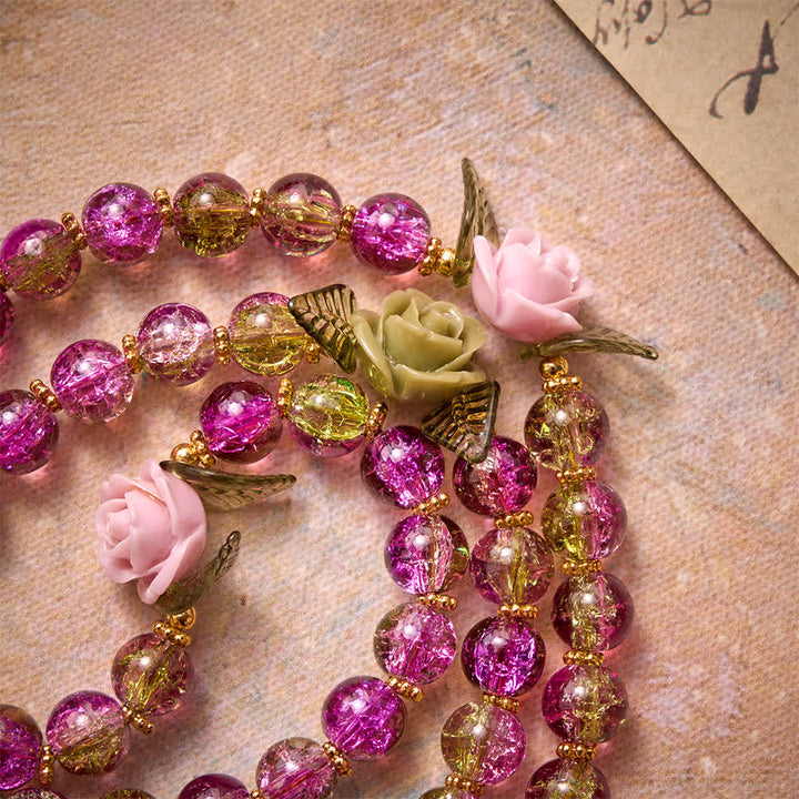 Christianartworkshop Chapelet en perles de verre craquelé rose et vert à facettes, motif rose et croix de la Vierge Marie - image 6