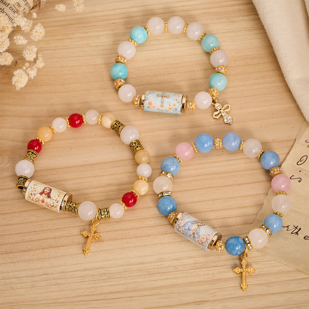 Christianartworkshop Bracelet vintage à perles cylindriques imprimées avec breloque croix : emblème de la douce miséricorde céleste - image 1