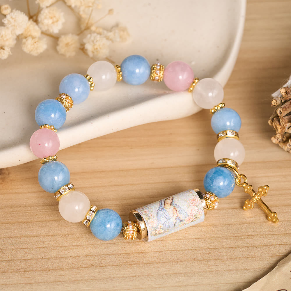 Christianartworkshop Bracelet vintage à perles cylindriques imprimées avec breloque croix : emblème de la douce miséricorde céleste - Notre Dame - image 0
