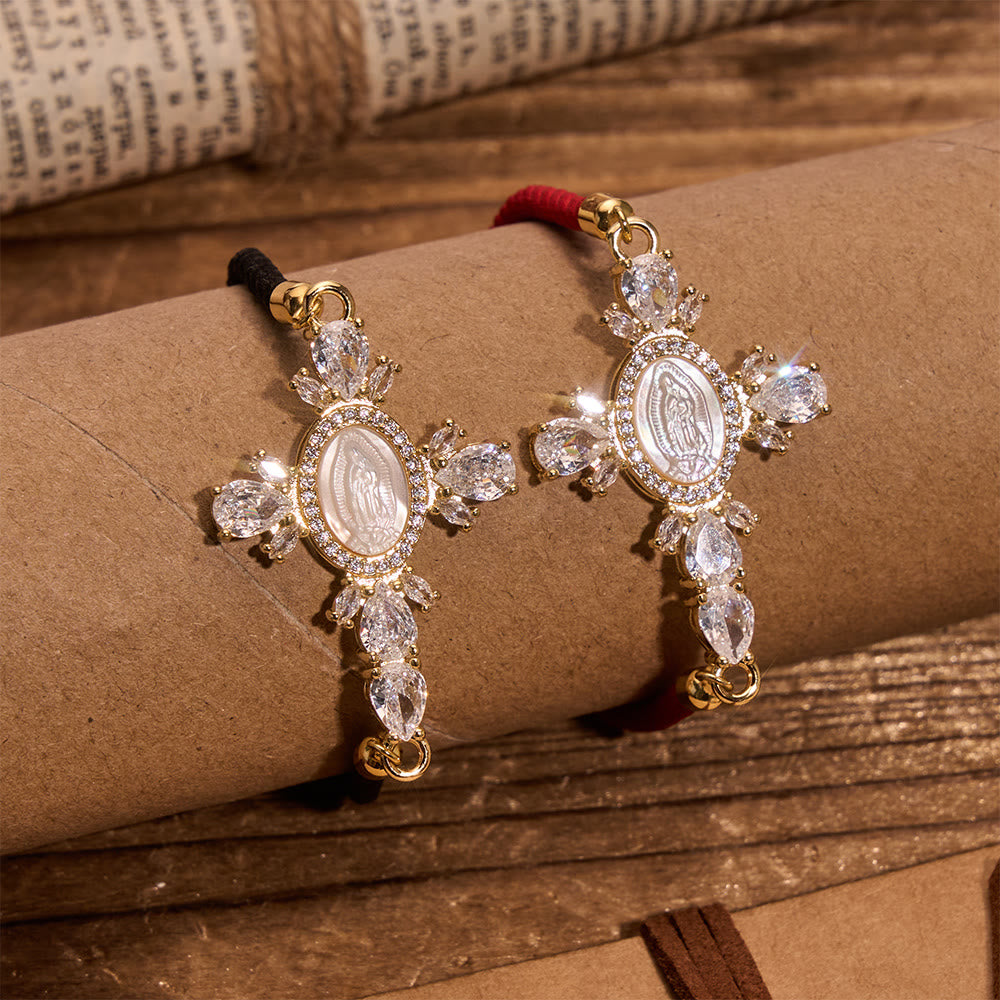 Christianartworkshop Bracelet en cordon tressé avec croix ornée de pierres précieuses et portrait de la Vierge Marie : emblème de la miséricorde maternelle et céleste - image 1