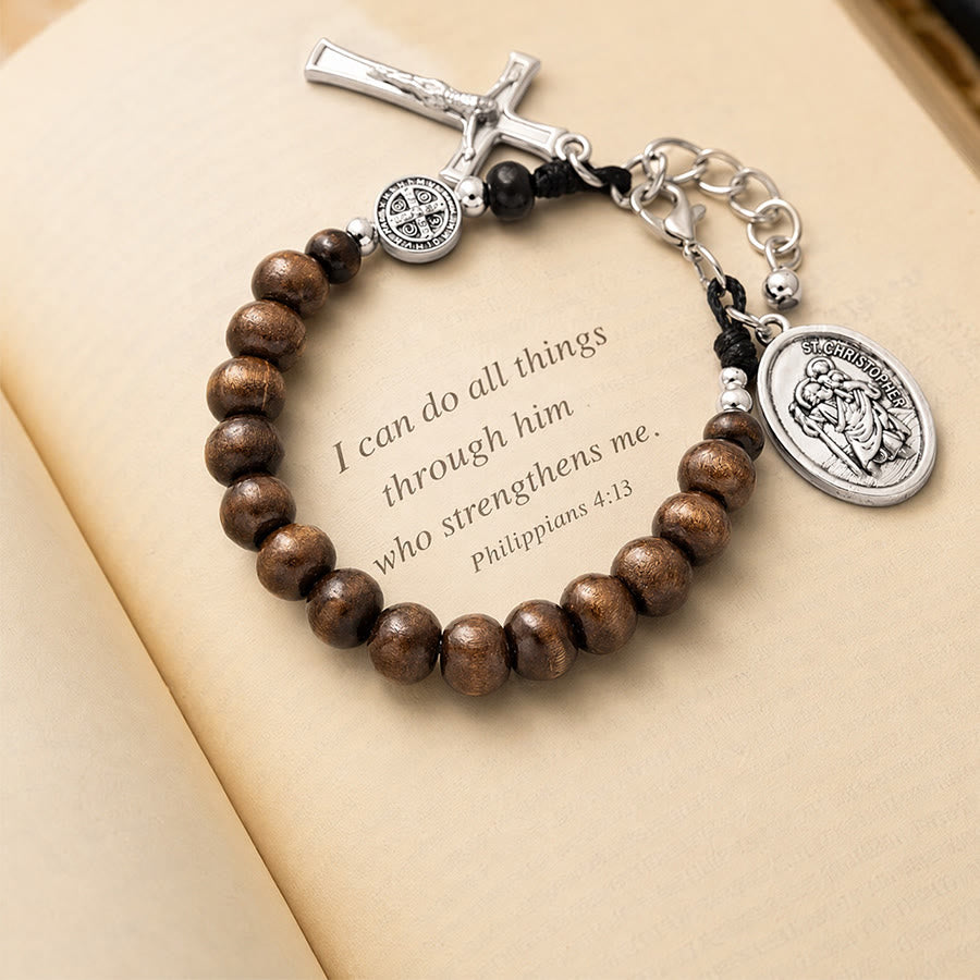 Christianartworkshop Bracelet chapelet Saint-Christophe en perles de bois naturel : Symbole de bon voyage et de protection céleste - Brun moyen - image 0