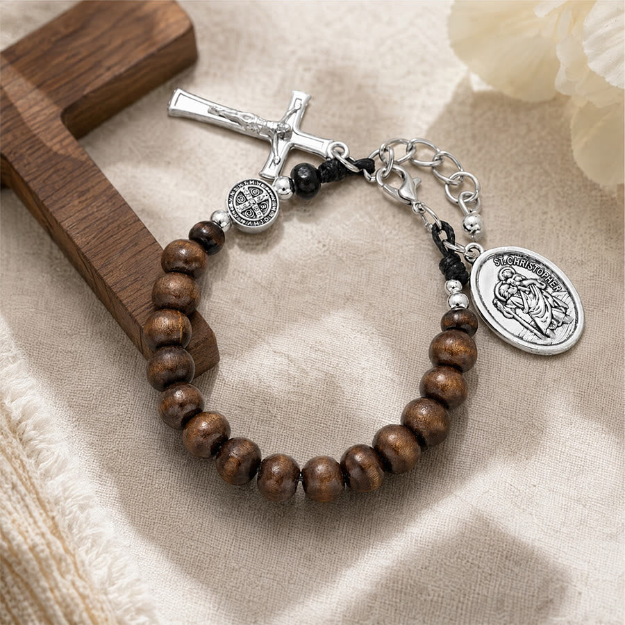 Christianartworkshop Bracelet chapelet Saint-Christophe en perles de bois naturel : Symbole de bon voyage et de protection céleste - image 1