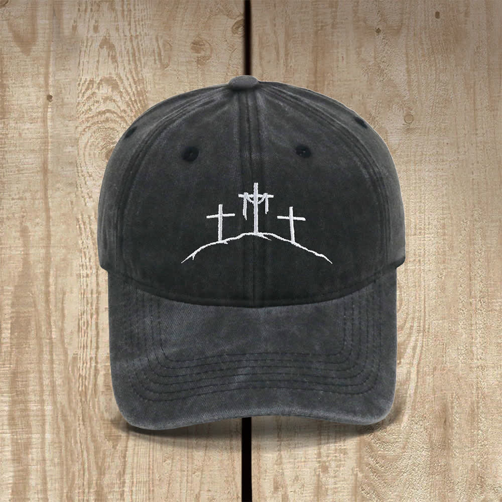 Christianartworkshop Chapeau classique décontracté brodé du symbole des trois croix au sommet d'une colline - Noir - image 0