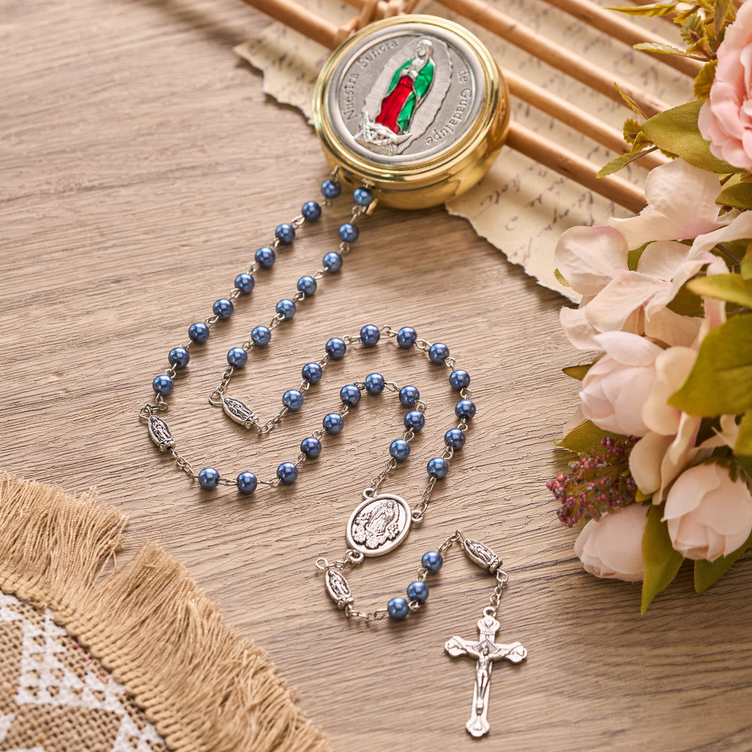 Chapelet de Guadalupe à perles multicolores de Christianartworkshop avec étui de rangement gravé : symbole de tendre réconfort céleste - Boîte dorée - Bleu foncé - image 24