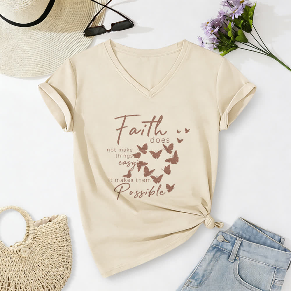 Christianartworkshop La foi ne rend pas les choses faciles T-shirt décontracté à col en V avec imprimé papillon - Beige - 2XL - image 0