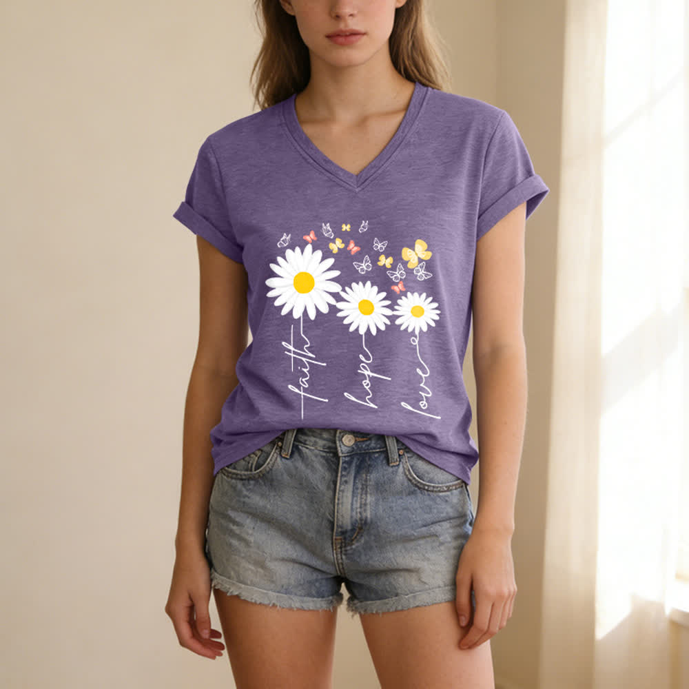 Christianartworkshop T-shirt décontracté à col en V avec imprimé floral marguerite et papillon, Foi, Espoir et Amour - image 1