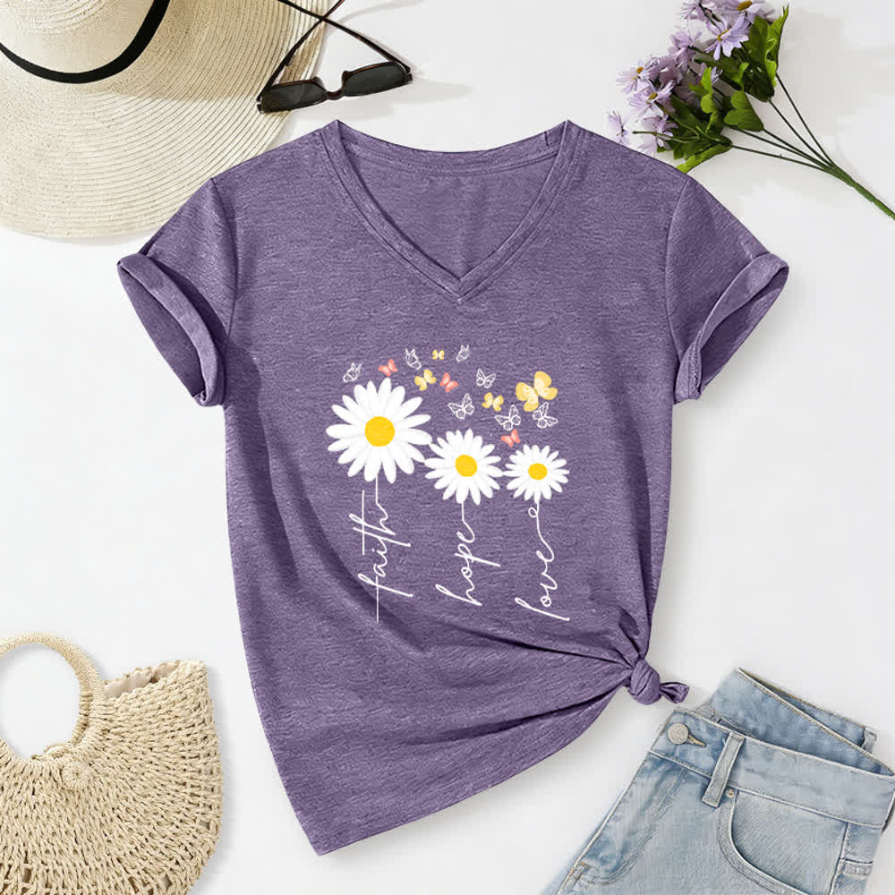 Christianartworkshop T-shirt décontracté à col en V avec imprimé floral marguerite et papillon, Foi, Espoir et Amour - Violet - 2XL - image 0