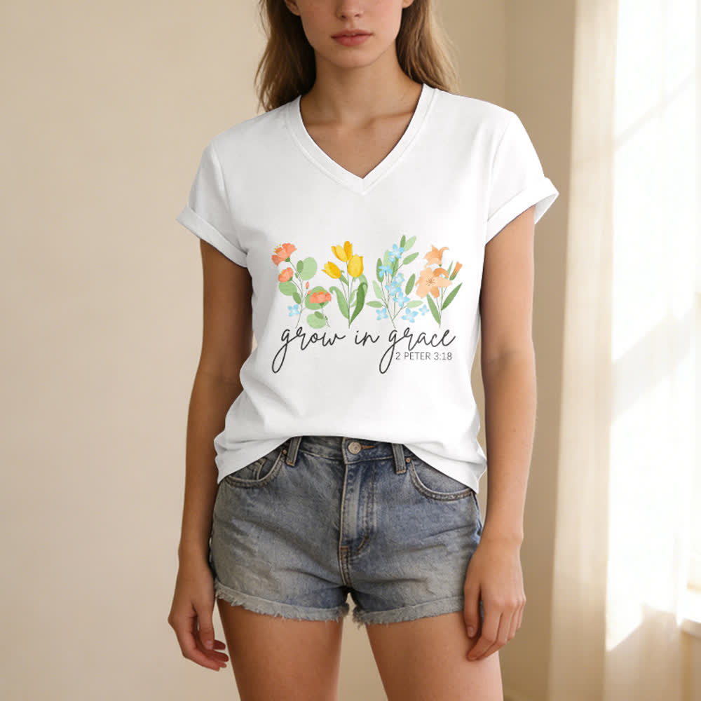 Christianartworkshop Grandir dans la grâce 2 Pierre 3:18 T-shirt décontracté à col en V avec imprimé floral - image 5