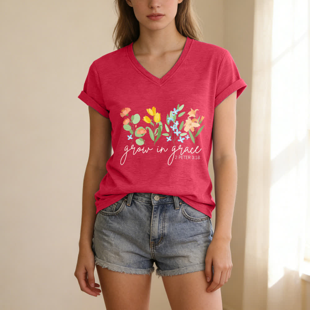 Christianartworkshop Grandir dans la grâce 2 Pierre 3:18 T-shirt décontracté à col en V avec imprimé floral - image 15