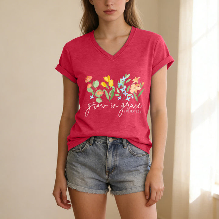 Christianartworkshop Grandir dans la grâce 2 Pierre 3:18 T-shirt décontracté à col en V avec imprimé floral - image 15