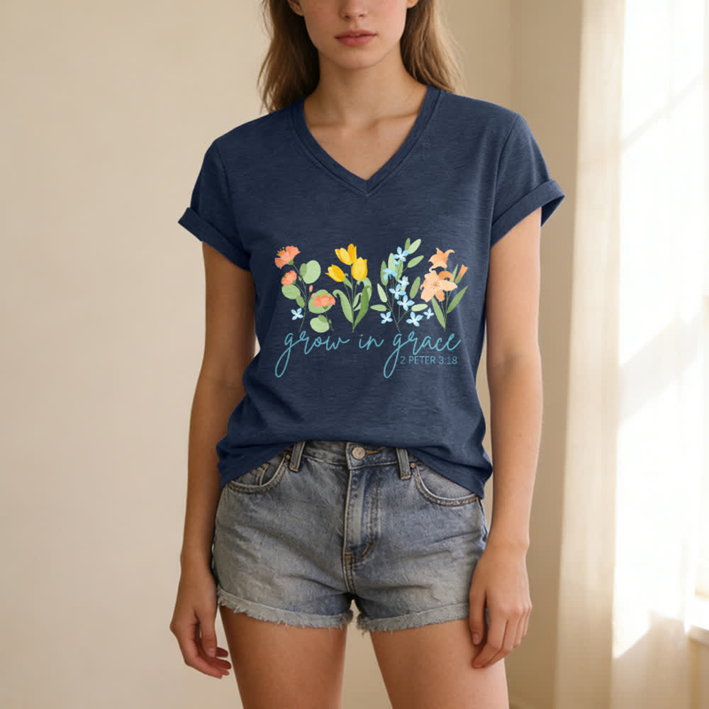 Christianartworkshop Grandir dans la grâce 2 Pierre 3:18 T-shirt décontracté à col en V avec imprimé floral - image 1