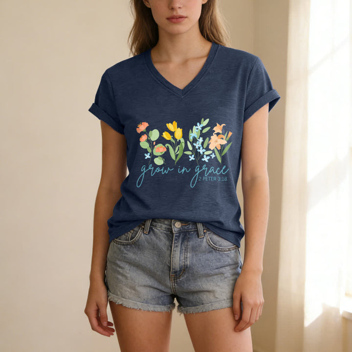 Christianartworkshop Grandir dans la grâce 2 Pierre 3:18 T-shirt décontracté à col en V avec imprimé floral - image 1
