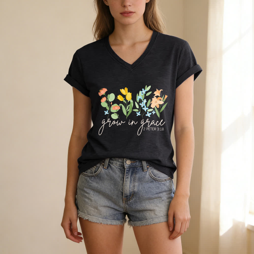 Christianartworkshop Grandir dans la grâce 2 Pierre 3:18 T-shirt décontracté à col en V avec imprimé floral - image 13
