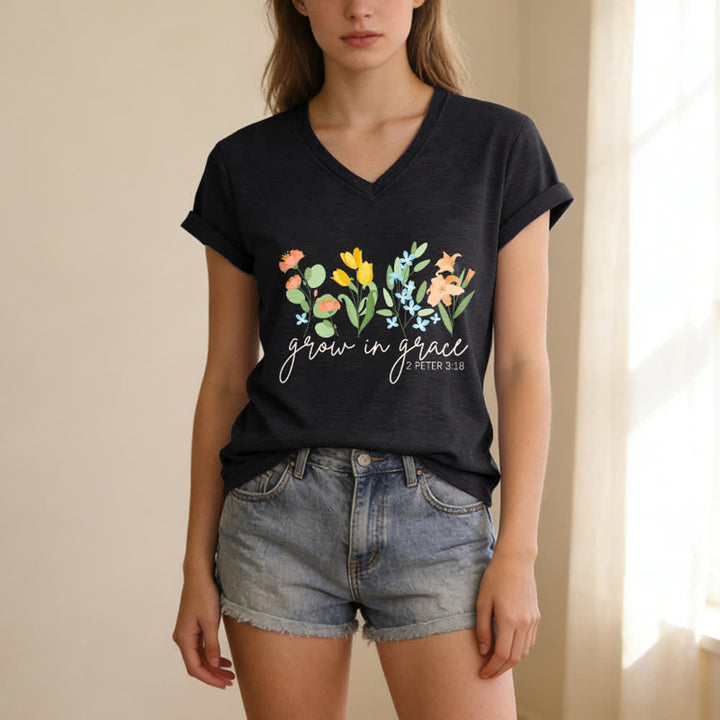 Christianartworkshop Grandir dans la grâce 2 Pierre 3:18 T-shirt décontracté à col en V avec imprimé floral - image 13