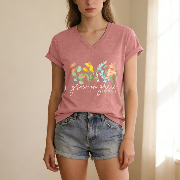 Christianartworkshop Grandir dans la grâce 2 Pierre 3:18 T-shirt décontracté à col en V avec imprimé floral - image 19