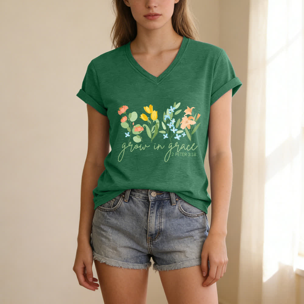 Christianartworkshop Grandir dans la grâce 2 Pierre 3:18 T-shirt décontracté à col en V avec imprimé floral - image 11