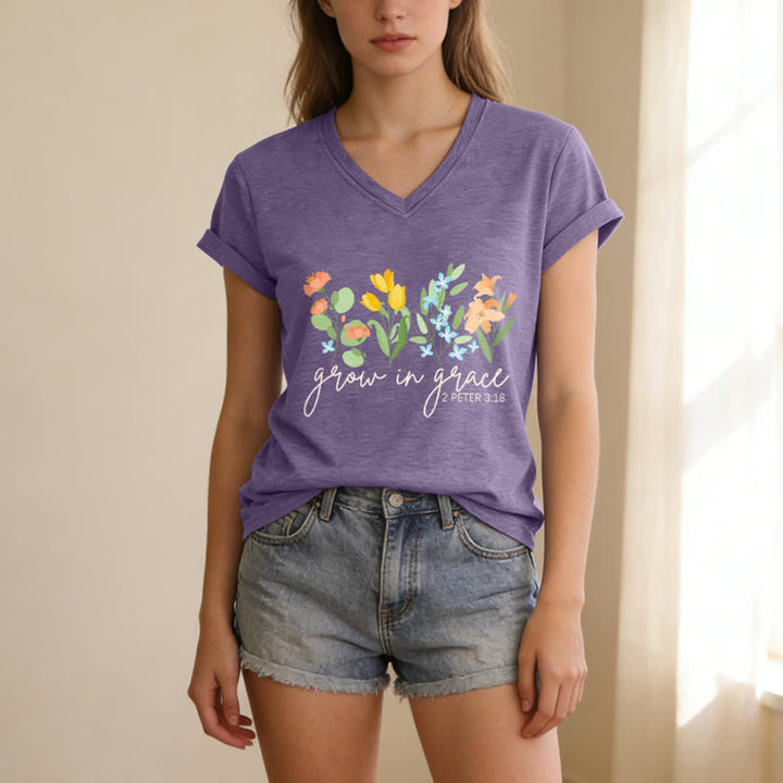 Christianartworkshop Grandir dans la grâce 2 Pierre 3:18 T-shirt décontracté à col en V avec imprimé floral - image 17