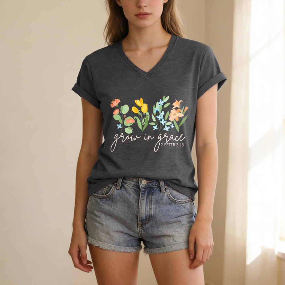 Christianartworkshop Grandir dans la grâce 2 Pierre 3:18 T-shirt décontracté à col en V avec imprimé floral - image 7