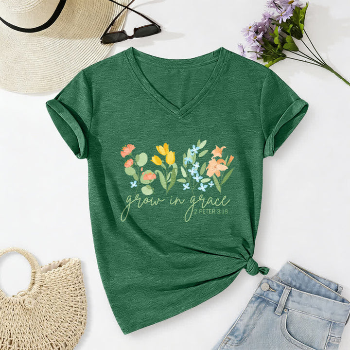 Christianartworkshop Grandir dans la grâce 2 Pierre 3:18 T-shirt décontracté à col en V avec imprimé floral - Vert foncé - 2XL - image 10