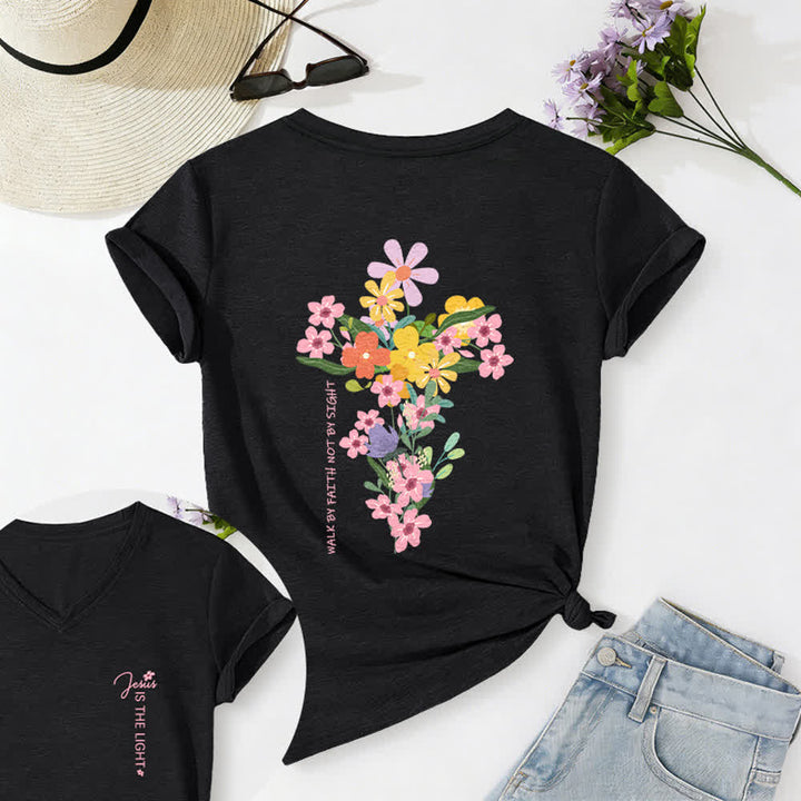 Christianartworkshop T-shirt décontracté à col en V avec imprimé floral double face « Jésus est la lumière, marche par la foi et non par la vue » - Noir - 2XL - image 24