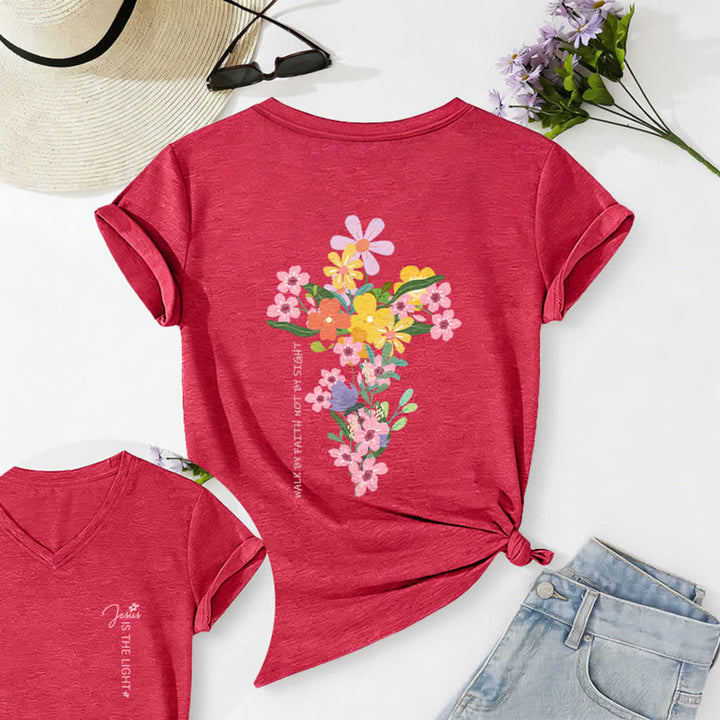 Christianartworkshop T-shirt décontracté à col en V avec imprimé floral double face « Jésus est la lumière, marche par la foi et non par la vue » - Rouge - 2XL - image 28