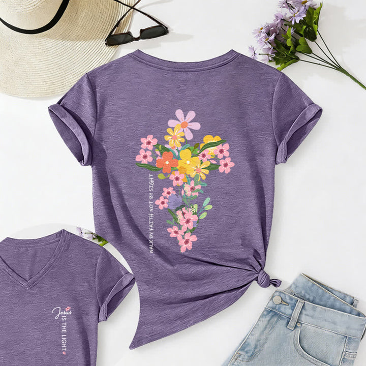 Christianartworkshop T-shirt décontracté à col en V avec imprimé floral double face « Jésus est la lumière, marche par la foi et non par la vue » - Violet - 2XL - image 32