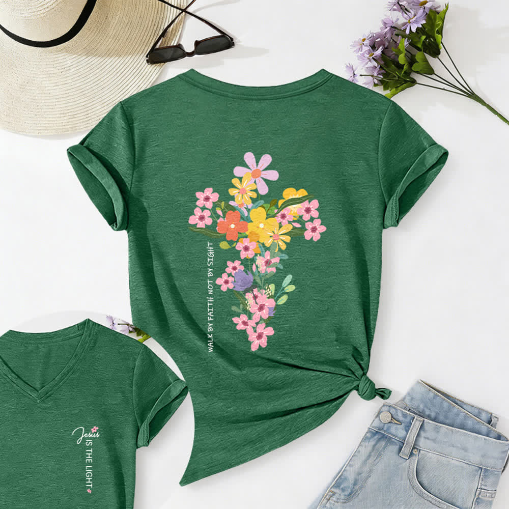 Christianartworkshop T-shirt décontracté à col en V avec imprimé floral double face « Jésus est la lumière, marche par la foi et non par la vue » - Vert olive - 2XL - image 20