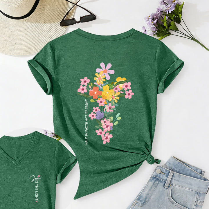 Christianartworkshop T-shirt décontracté à col en V avec imprimé floral double face « Jésus est la lumière, marche par la foi et non par la vue » - Vert olive - 2XL - image 20