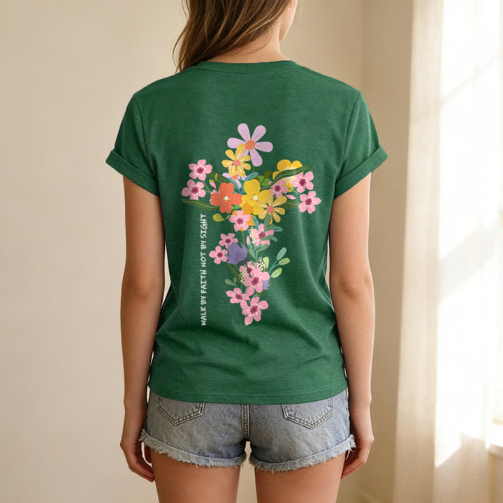Christianartworkshop T-shirt décontracté à col en V avec imprimé floral double face « Jésus est la lumière, marche par la foi et non par la vue » - image 22