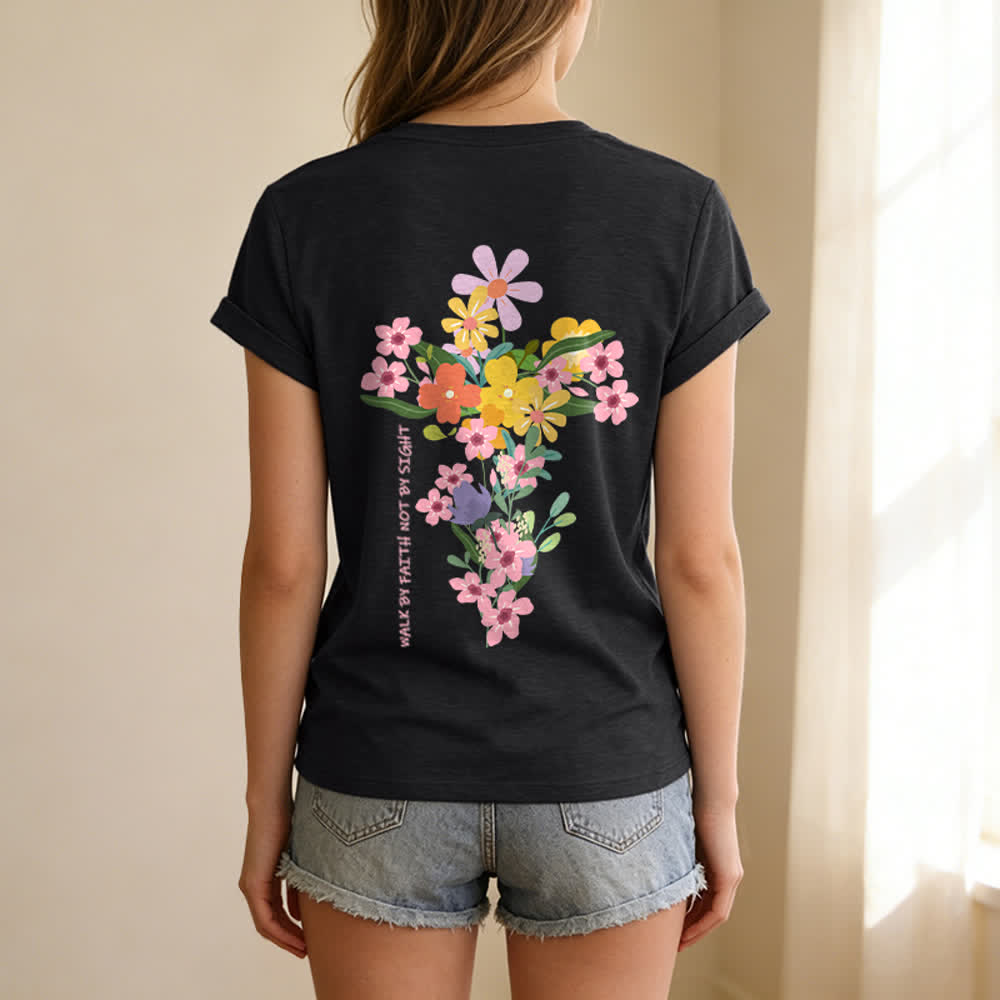 Christianartworkshop T-shirt décontracté à col en V avec imprimé floral double face « Jésus est la lumière, marche par la foi et non par la vue » - image 26