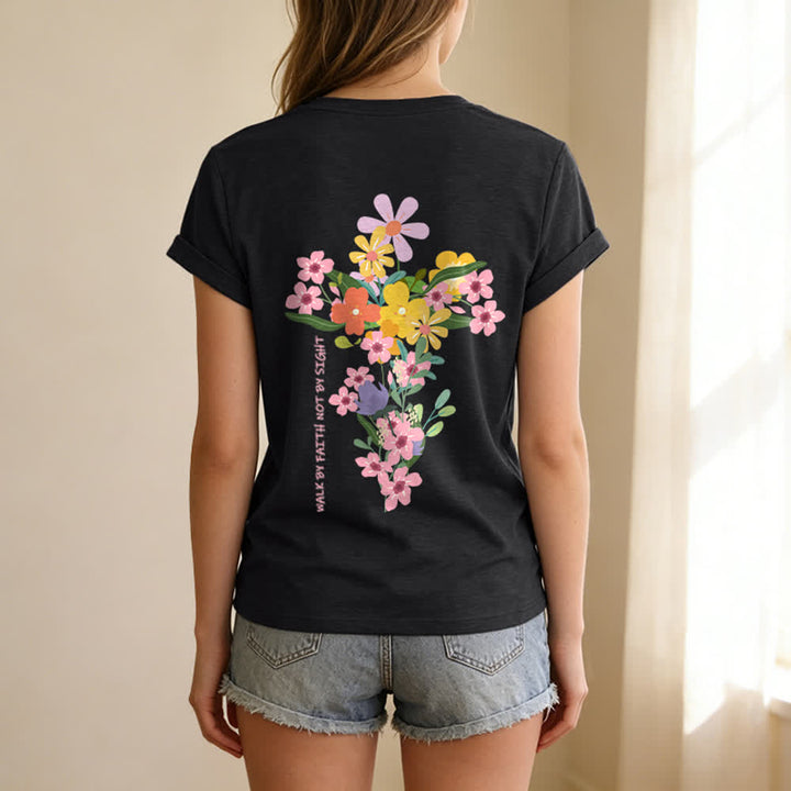 Christianartworkshop T-shirt décontracté à col en V avec imprimé floral double face « Jésus est la lumière, marche par la foi et non par la vue » - image 26