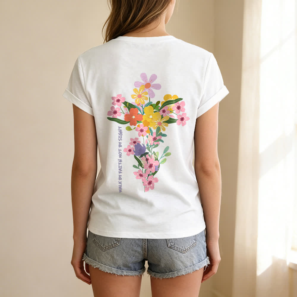 Christianartworkshop T-shirt décontracté à col en V avec imprimé floral double face « Jésus est la lumière, marche par la foi et non par la vue » - image 6
