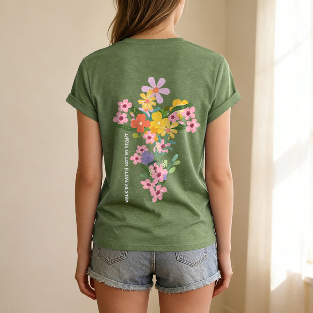 Christianartworkshop T-shirt décontracté à col en V avec imprimé floral double face « Jésus est la lumière, marche par la foi et non par la vue » - image 14
