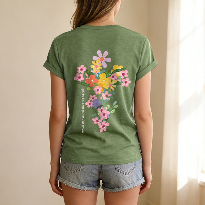 Christianartworkshop T-shirt décontracté à col en V avec imprimé floral double face « Jésus est la lumière, marche par la foi et non par la vue » - image 14